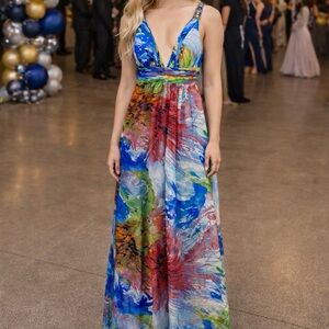 Morrell Maxie silk floral watercolor jewel criss cross back formal Prom Dress 4